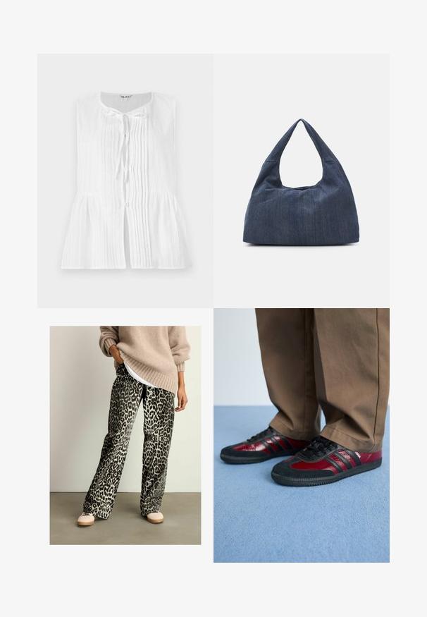 Bluză albă fără mâneci, cu pliseuri verticale, închidere cu funda la gât și talie peplum. Textură netedă cu accente de nasturi.; Pantaloni largi din țesătură moale cu imprimeu leopard, având talie elastică și o paletă de culori neagră și bej. Asortați cu un pulover bej.; Pantofi sport negri și burgunder din piele și suede, cu șireturi negre și trei dungi negre pe lateral. Talpă din cauciuc.; Geantă din denim albastru închis, cu o formă moale și lejeră, având un mâner în stil hobo și o suprafață texturată. Fără accente de metal vizibile.