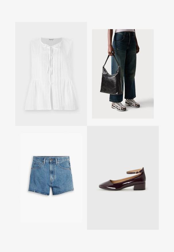 White sleeveless blouse with vertical pleats, a tie closure at the neck, and a peplum waist. Smooth texture with button accents.; Denim shorts in light blue, featuring five pockets, a zip fly, and a button closure. The hem is frayed with a relaxed fit design.; Glossy dark burgundy heeled shoe with a rounded toe and ankle strap, set against a plain background.; Black leather shoulder bag with a smooth texture and adjustable strap, paired with faded wide-leg jeans and athletic sneakers.