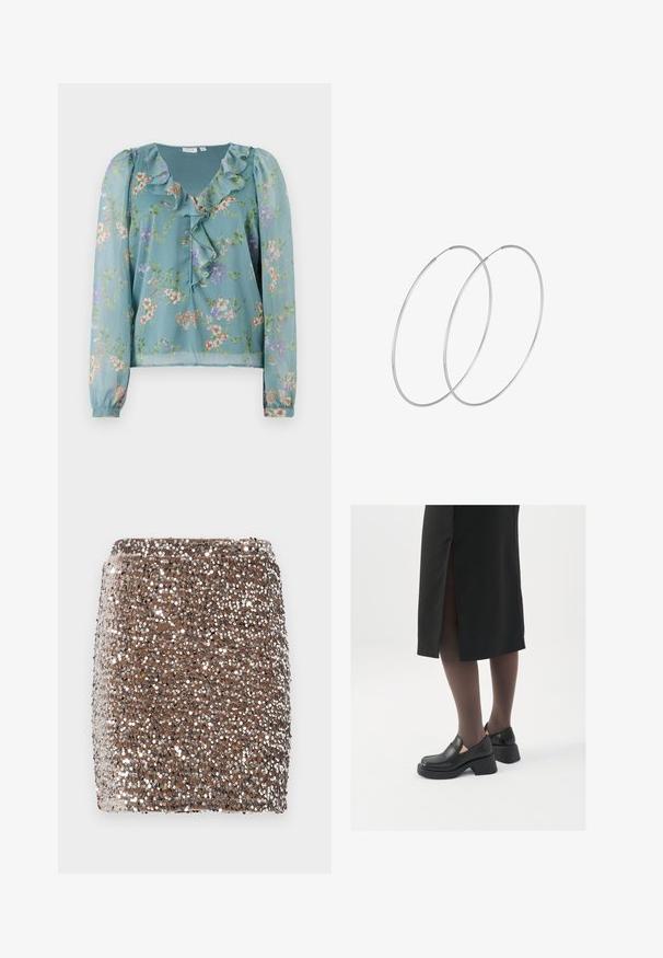 Blusa floreale in tessuto leggero e trasparente color verde acqua; presenta un colletto arricciato, maniche lunghe e piccoli motivi floreali multicolori su tutta la superficie.; Mini gonna marrone in paillettes con un design aderente, coperta di paillettes argentate riflettenti, che creano un effetto testurizzato e scintillante.; Scarpe in pelle nera con punta arrotondata, tacco spesso a blocco e accenti laterali in elastico, abbinate a collant scuri e una gonna nera con uno spacco.; Orecchini a cerchio in argento con un design minimalista. Forma circolare, superficie liscia e profilo sottile. Leggeri con una finitura lucida.