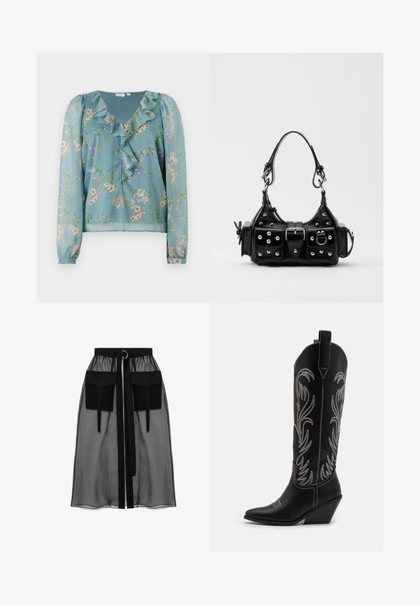 Lille tealkolline lilleline pluus; omab volangiga kaelust, pikki varrukaid ja väikeseid mitmevärviliseid lillemustreid üle kogu pinna.; Must mustriga seelik, millel on kogutud vöökoht, kaks suurt esitaskut, vöötie ja ringikujuline metallaktsent.; Mustad mustad nahast cowboy saapad terava ninaga, vööndkanna ja hõbedaste tikanditega lillemustritega varred. Kontrastõmblused üle kogu.; Must värvi nahast käekott, millel on kaarjas disain, hõbedased nupukesed, kinnitusahe ja kaks külgtaskut. Reguleeritav rihm erinevate kandmisvõimaluste jaoks.