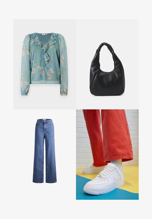 Lille tealkolline lilleline pluus; omab volangiga kaelust, pikki varrukaid ja väikeseid mitmevärviliseid lillemustreid üle kogu pinna.; Heled sinise denimist laiad jalad, kõrgema talje ja kahe eesmise taskuga, nähtavate õmblustega. Omab nuppu ja luku sulgemist.; Valge nahast tennis, millel on perforeeritud varvas, tekstureeritud tallad ja valged shoelaces, kombineeritud laia punase pükste ja sinise ning kollase taustaga.; Must värvi hobo kott, mis on valmistatud siledast nahataolisest materjalist, keeratud käepidemega, pehme ja ümar kuju ning ülemise tõmblukuga sulgur.; Kuldne rõngassõrmused sileda ja läikiva viimistlusega. Ringikujuline disain, millel on väike post ja selge tagumine külg, et tagada kindel kandmine.