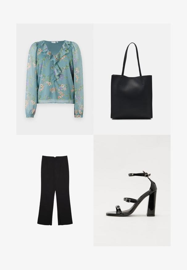 Blumenbluse aus leicht transparentem hellblauem Stoff; mit gerüschtem Ausschnitt, langen Ärmeln und kleinen, mehrfarbigen Blumenmustern überall.; Schwarze Hose mit geradem Schnitt, ausgestattet mit Fronttaschen und Seitenschlitzen am Saum. Hergestellt aus weichem, glattem Stoff. Geeignet für verschiedene Anlässe.; Schwarze patentierte Sandalen mit Absatz, quadratischer Spitze, Knöchelriemen und silbernen Schnallen. Mit einem stabilen Blockabsatz für mehr Stabilität.; Schwarze Laptoptasche aus Leder mit glatter Textur, rechteckiger Form und zwei langen Griffen. Keine sichtbaren Beschläge oder Verzierungen.