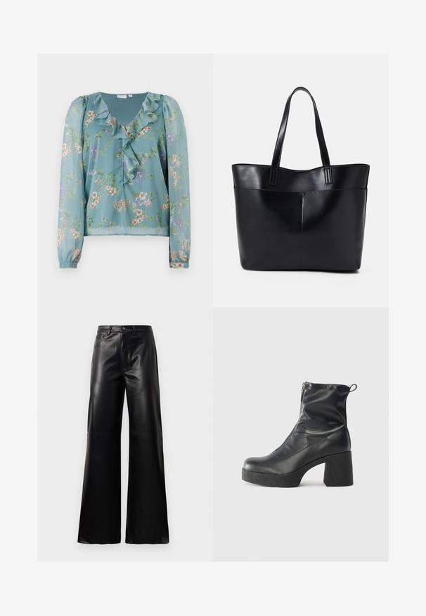 Blumenbluse aus leicht transparentem hellblauem Stoff; mit gerüschtem Ausschnitt, langen Ärmeln und kleinen, mehrfarbigen Blumenmustern überall.; Schwarze leichte, weit geschnittene, hochtaillierte Kunstlederhose mit vorderem Knopf, Reißverschluss, Gürtelschlaufen und Seitentaschen auf weißem Hintergrund.; Schwarze Stiefeletten aus glattem Leder mit seitlichem Reißverschluss, klobigem strukturiertem Absatz und runder Zehenform.; Schwarze Leder-Shopper-Tasche mit zwei langen Griffen, einer glatten Textur und einer strukturierten Form. Verfügt über eine Vordertasche für zusätzlichen Stauraum.