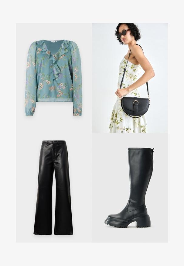 Blusa floral em tecido leve e transparente em azul-turquesa; apresenta um decote com babados, mangas longas e pequenos padrões de flores multicoloridas por toda a peça.; Calças largas de imitação de couro pretas, de cintura alta, com botão frontal, fecho de correr, passadores de cinto e bolsos laterais sobre fundo branco.; Bota preta de couro alta com sola de plataforma robusta e salto bloco, apresentando puxador e padrão texturizado na sola.; Bolsa de couro preta com forma curva, alça destacável e detalhes em dourado. A bolsa possui uma aba com detalhe de fivela.