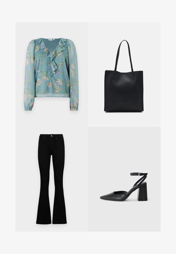Blomsterbluse i let, gennemsigtig teal-farvet stof; har volang ved halsen, lange ærmer og små, multicolor blomsterprint over det hele.; Sorte højtaljede jeans med knap- og lynlåslukning, forlommer og flagrende ben, lagt fladt på en hvid baggrund.; Sort læder spidse pumps med ankelrem og en chunky hæl. Flad tekstur, slankt design og minimalistisk æstetik.; Sort læder tote taske med glat tekstur, rektangulær form og to lange hanke. Ingen synlig hardware eller udsmykninger.
