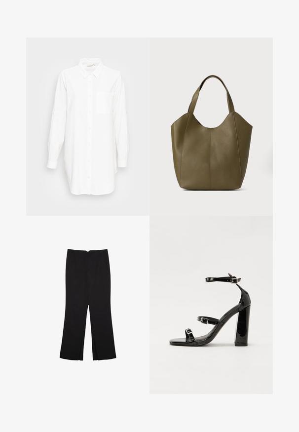Langärmliges weißes Hemd mit Knopfverschluss, Kragen und Brusttasche, auf einem einfarbigen hellgrauen Hintergrund präsentiert.; Schwarze Hose mit geradem Schnitt, ausgestattet mit Fronttaschen und Seitenschlitzen am Saum. Hergestellt aus weichem, glattem Stoff. Geeignet für verschiedene Anlässe.; Schwarze patentierte Sandalen mit Absatz, quadratischer Spitze, Knöchelriemen und silbernen Schnallen. Mit einem stabilen Blockabsatz für mehr Stabilität.; Olivgrüne Leder-Tasche mit doppelten Trägern, glatter Textur und vierteiliger Gestaltung. Verstärkte Nähte entlang der Nähte für Langlebigkeit.