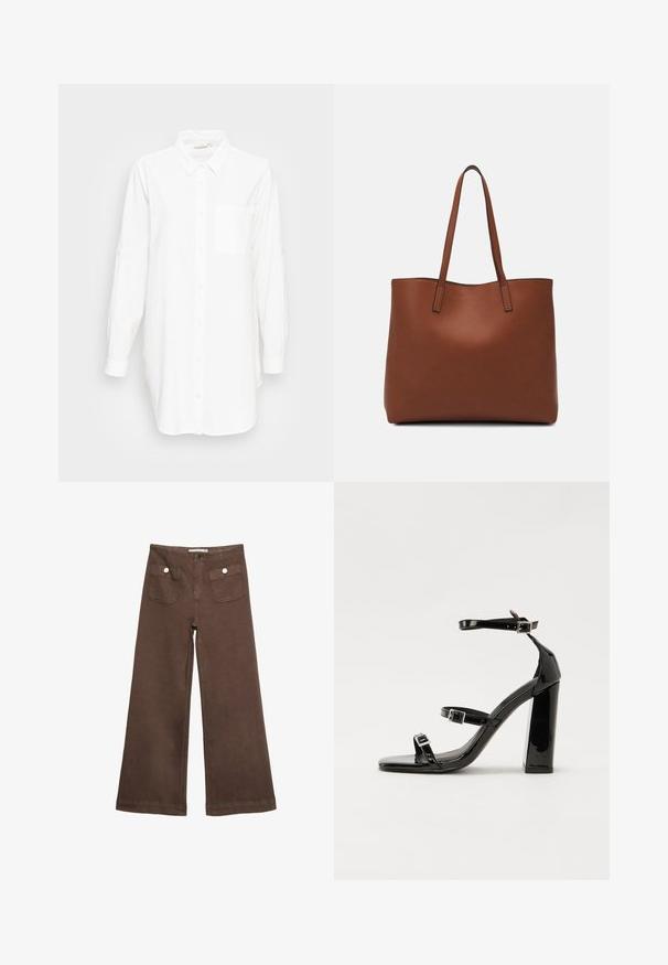 Bielej košeli s dlhými rukávmi a golierom, s vreckom na hrudi, vystavenej na jednoduchom svetlosivom pozadí.; Hnedé široké nohavice vyrobené z bavlny, s dvoma prednými vreckami so striebornými gombíkmi a hladkou textúrou.; Čierne lakované sandále na vysokom opätku s dvoma prackami, štvorcovou špičkou a hrubým blokovým opätkom, s hladkou, lesklou textúrou.; Hnedá kožená taška na rameno s hladkou textúrou, otvoreným vrchom a dvoma ramenými popruhmi. Má minimálne šitia a žiadne viditeľné kovania.