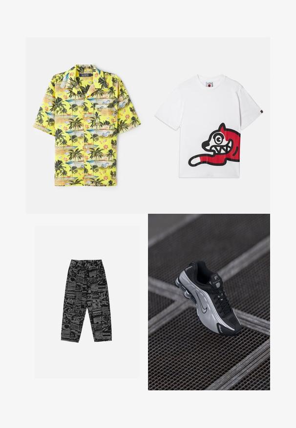 Īsām piedurknēm dzeltena krekls ar tropu rakstu, kurā redzami palmu koki, pludmales un ziedu motīvi. Pogājams dizains ar krūšu kabatu.; Balta kokvilnas T-kreklu ar lielu sarkanu un melnu grafiku, attēlojot karikatūru līdzīgu kaķi ar izteiktām acīm un zobiem, novietotu uz sāna.; Melnas bikses ar grafisko druku, kas satur dažādus tekstus un attēlus. Izgatavotas no viegla auduma, tām ir brīva piegriezuma forma un taisnas kājas.; Nike sporta apavi ar melnu un sudraba dizainu. Izgatavoti no sintētiskā materiāla ar sieta akcentiem un atbalstošu zoli ar redzamu gaisa amortizāciju.