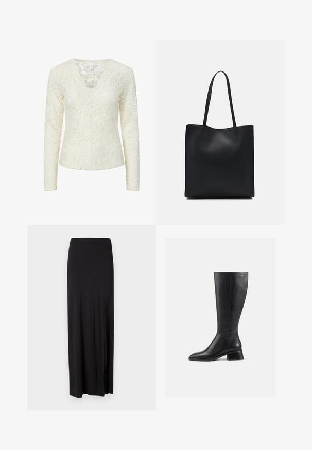 Cream-colored long sleeve lace blouse with floral pattern and scalloped V-neckline.; Black maxi skirt made of soft, stretchy material. Features a side slit and a simple, streamlined design with no embellishments.; Knee-high black leather boot with a rounded toe and low, block heel. Features a smooth texture and minimal stitching detail.; Black leather tote bag with smooth texture, rectangular shape, and two long handles. No visible hardware or embellishments.