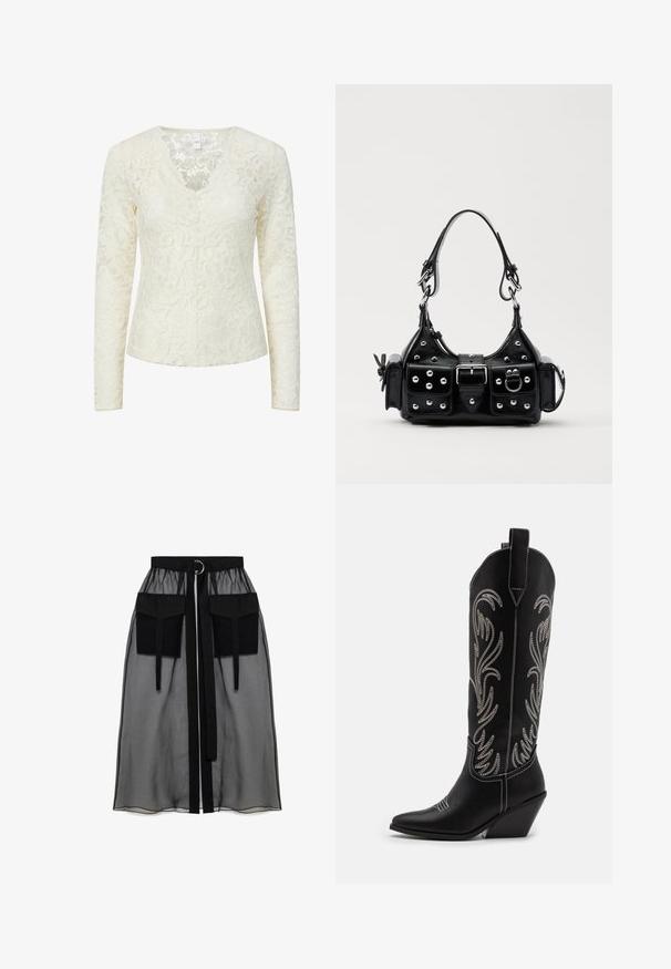 Světle krémová krajková blůza s dlouhým rukávem, květinovým vzorem a vykrojeným výstřihem ve tvaru písmene V s vlnitým okrajem.; Černá průhledná sukně s nařaseným pasem, která má dvě velké přední kapsy, páskový uzávěr a kulatý kovový akcent.; Černé kožené kovbojské boty s špičatými špičkami, podpatky ve tvaru klínu a stříbrně vyšívanými květinovými vzory po celé délce. Kontrastní prošívání po celém obvodu.; Černá kožená kabelka s křivkovým designem, zdobená stříbrnými hřebíky, s přezkou a dvěma bočními kapsami. Nastavitelný popruh pro různé možnosti nošení.