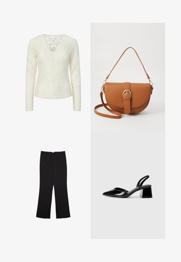 Světle krémová krajková blůza s dlouhým rukávem, květinovým vzorem a vykrojeným výstřihem ve tvaru písmene V s vlnitým okrajem.; Černé kalhoty s rovným střihem, s předními kapsami a bočními rozparky na lemu. Vyrobené z jemné, hladké tkaniny. Vhodné na různé příležitosti.; Černé lakované kožené lodičky na pásku s špičatou špičkou a geometrickým blokovým podpatkem. Vyznačují se elegantním, minimalistickým designem a hladkým povrchem.; Hnědá kožená křížová taška s zakřiveným tvarem, zlatými detaily a akcentem s přezkou. Obsahuje odnímatelný popruh na rameno.