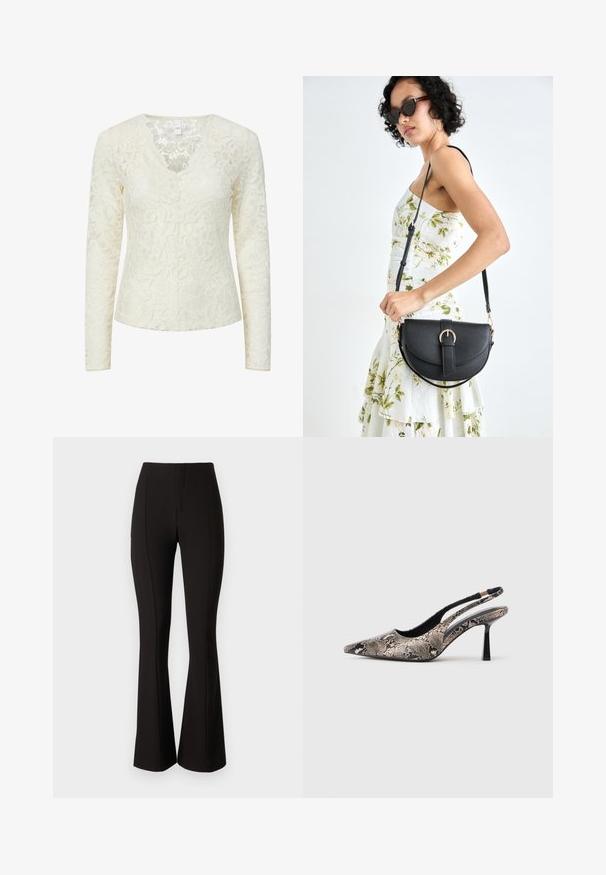 Cream-colored long sleeve lace blouse with floral pattern and scalloped V-neckline.; Gina Tricot SLIM FIT TROUSERS - Trousers - black; Pointed-toe slingback shoes made of textured snake print material, featuring a slender black heel and a cutout design on the sides.; Black leather handbag with a curved shape, detachable strap, and gold hardware. The bag features a flap with a buckle detail.