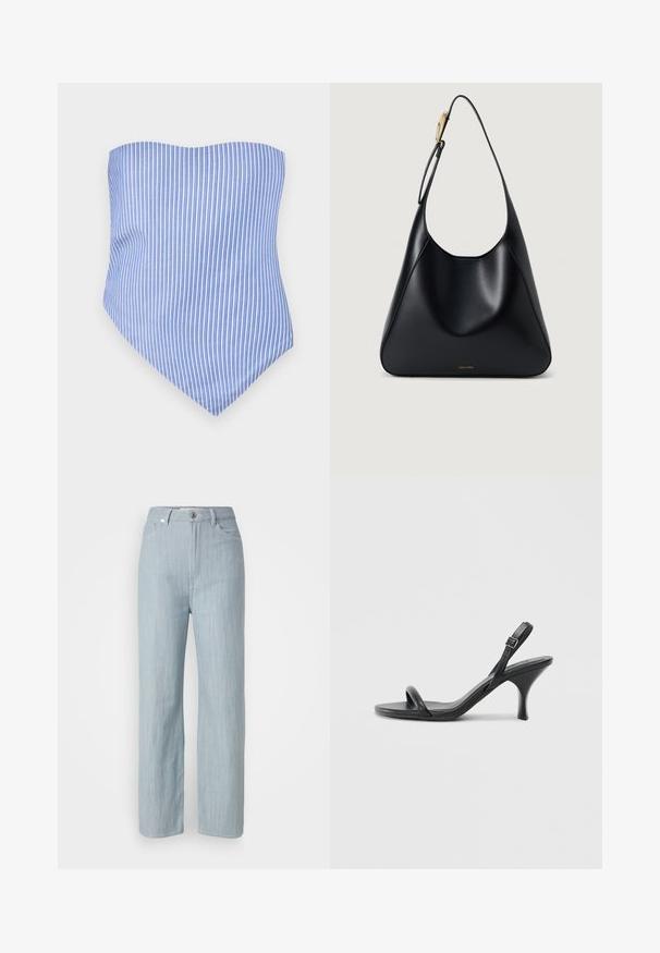 Strapless blue-and-white vertically striped top with a pointed hem. Made from lightweight fabric, featuring smooth texture and tailored fit.; Light blue straight-leg jeans made of denim. Features five pockets, a metal button closure, and subtle whiskering for texture.; Black leather high-heeled sandals with a slim, curved heel and a crossed strap design. Adjustable ankle strap. Smooth texture.; Black leather shoulder bag with a smooth texture, curved silhouette, and a gold hardware accent. Features embossed brand logo at the base.