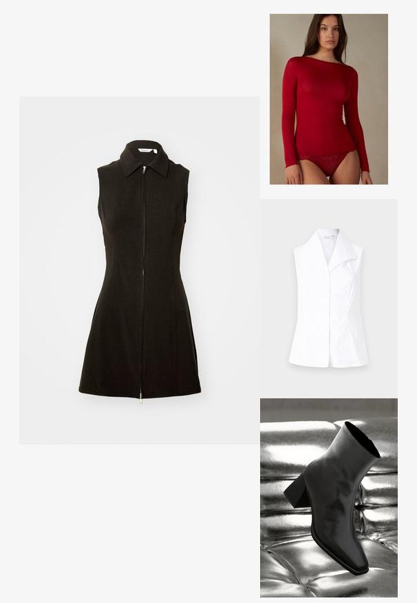Weiße ärmellose Bluse mit spitzem Kragen, mit einer Knopfleiste vorne und einer taillierten Passform, die sich an der Taille ausläuft. Glatte Stofftextur.; Schwarzes ärmelloses Kleid mit kragenförmigem Ausschnitt und Reißverschluss vorne, aus glattem Stoff mit einer figurbetonten Silhouette und ausgestellt geschnittenem Saum.; Intimissimi U-BOOT-AUSSCHNITT - Langarmshirt - rosso; Schwarzer Knöchelstiefel aus glänzendem Material mit quadratischer Zehenform und verjüngtem Absatz, vor einem glänzenden silbernen gepolsterten Hintergrund.