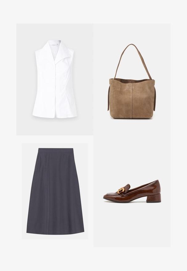 Hvid ærmeløs bluse med spids krave, der har en knaplukning foran og en skræddersyet pasform, der svinger ud ved taljen. Glat stofstruktur.; En A-formet, mørkegrå nederdel lavet af et glat stof med sidelommer, der har et rent taljebånd og diskret sømdetaljering.; Brune læder loafers med en blank finish, der har en dekorerende guld spænde foran og en lav blokhæl. Klassisk design.; Brun ruskinds tote taske med en blød overflade, åben top og en enkelt skulderrem. Har en glat finish og minimal detaljer.