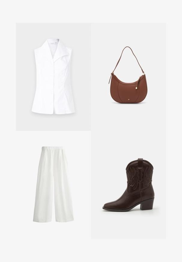 Blusa bianca senza maniche con colletto punta, dotata di chiusura con bottoni frontale e una vestibilità sagomata che si allarga in vita. Tessuto morbido al tatto.; Top bianco senza spalline realizzato in pizzo testurizzato con un corpetto arricciato e un orlo arricciato. Presenta un dettaglio a fiocco sullo scollo.; Pantaloni bianchi a gamba larga con vita elasticizzata, caratterizzati da pieghe frontali e un tessuto leggero e texturizzato.; Stivali da cowboy in pelle marrone con punta affusolata, motivi a ali in rilievo, tacco a blocco di media altezza e linguetta sul retro.; Borsa a spalla in finta pelle marrone con forma curvata, cuciture minime e un accento in metallo dorato. Presenta una chiusura con zip superiore e una tracolla regolabile.