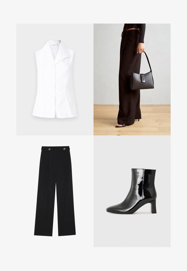 Weiße ärmellose Bluse mit spitzem Kragen, mit einer Knopfleiste vorne und einer taillierten Passform, die sich an der Taille ausläuft. Glatte Stofftextur.; Schwarze weite Hosen mit hoher Taille, Knopfdetails am Bund und vorderen Falten.; Schwarzer Lackleder-Stiefelette mit spitzer Zehe und einem mittelhohen Blockabsatz. Glatte Textur und minimalistisches Design.; Schwarze Handtasche mit strukturierter Form, glatter Textur und einem metallischen Verschluss. Kombiniert mit weiten schwarzen Hosen und offenen Sandalen auf einem Holzboden.