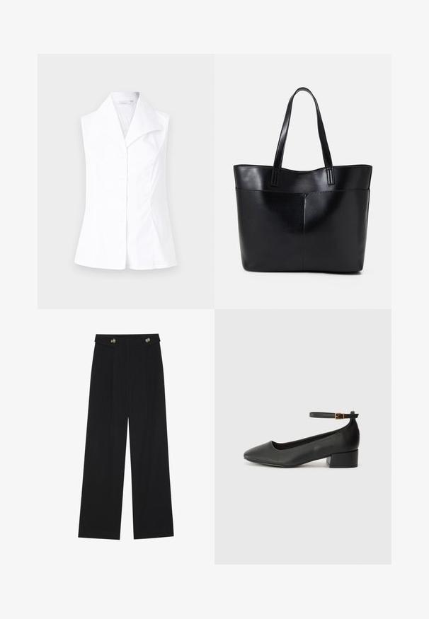 White sleeveless blouse with a pointed collar, featuring a button-down front and a tailored fit that flares at the waist. Smooth fabric texture.; Black wide-leg trousers with high waist, button details on waistband, and front pleats.; Black leather pump with a pointed toe and a low block heel. Features an ankle strap with a gold-tone buckle. Smooth texture.; Black leather tote bag with two long handles, a smooth texture, and a structured shape. Features a front pocket for additional storage.