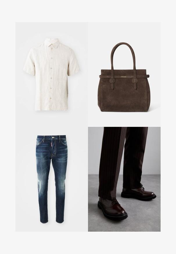 Kurzärmliges Leinenhemd in hellem Beige. Verfügt über einen klassischen Kragen, eine Knopfleiste und eine dezente Textur. Sauberes Design ohne Muster.; Weißes Baumwoll-Top ohne Ärmel mit rundem Ausschnitt, ausgestattet mit einer glatten Textur und einer figurbetonten Form, ideal für die Freizeit.; Dunkelblaue Jeans im Slim-Fit-Schnitt, mit verwaschenen Stellen an den Oberschenkeln und Knien, fünf Taschen und einem Metallknopfverschluss.; Braune Leder Schnürschuhe mit glänzender Oberfläche, schwarzer Gummisohle und dezenten Nähten. Getragen mit braunen Angabenhosen mit Nadelstreifen.; Dunkelbraune Wildledertasche mit doppelten Griffen und einem horizontalen Riemen, der mit einem kleinen goldenen DSQUARED2-Logo-Plakette versehen ist.