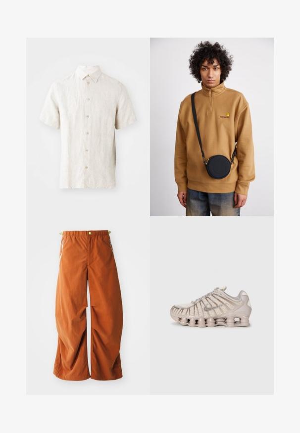 Cămașă din in cu mânecă scurtă, de culoare bej deschis. Prezintă un guler standard, închidere cu nasturi și o textură subtilă. Design curat, fără modele.; Pantaloni portocalii cu croi larg, cu un tiv elastic, buzunare laterale cu fermoar și o țesătură lejeră și texturată, concepuți pentru confort și mobilitate.; Adidașuri ușor bej, cu un superior din plasă, design structurat și o talpă distinctivă cu amortizare, ce prezintă secțiuni cilindrice.; Sweatshirt din fleece cu fermoar pe jumătate, de culoare maronie, cu logo brodat, purtat cu o geantă crossbody rotundă, neagră, cu fermoar și detalii cu logo, peste blugi.