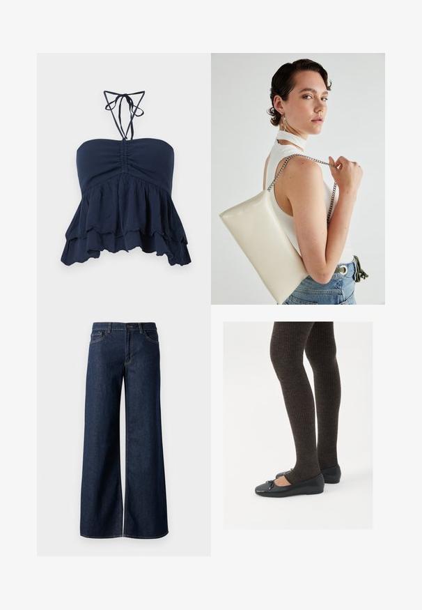 Temno modra breznaramnica z nabranim zgornjim delom, nabrano spodnjim robom in tankimi vrvicami. Mehka, teksturirana tkanina z ohlapnim krojem, primerna za običajno nošenje.; Široke hlače iz temnega modrega denima. Imajo kontrastno šivanje, pet žepov in gumbasto zapiranje v pasu. Gladka tekstura.; Črne ravne čevlje z majhnim lokom na prstih, v kombinaciji s temno rjavimi rebrastimi nogavicami. Čevlji imajo gladko teksturo in nizko obliko.; Bela pravokotna torbica za ključe iz sijajnega materiala, opremljena s srebrno verižico. Model pozira in prikazuje torbico na enobarvni podlagi.