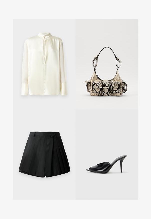Bela svilen bluzon z dolgimi rokavi, stoječim ovratnikom in sprednjim zapiranjem na gumb. Gladka tekstura in minimalističen dizajn brez vzorcev.; Črne nabirane kratke hlače z ravnim sprednjim delom, z gumbom za zapiranje in lahkim materialom. Podrobno so obdelane z ostrimi nabirki in čistim robom.; Črne usnjene mule s visokimi petami, odprto nosilo, bodičast dizajn, gladka tekstura in ozka stiletnica.; Python-ženska torba v bež in črni barvi, ki se ponaša z strukturirano obliko, podrobnostjo s sponko in dvema naramnicama. Teksturna površina.