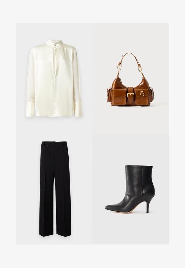 Weiße Seidenbluse mit langen Ärmeln, Stehkragen und einer Knopfleiste vorne. Glatte Textur und minimalistisches Design ohne Muster.; Schwarz weit geschnittene Hose mit flachem Vorderteil, Knopfverschluss und glatter Stofftextur. Besitzt einen geraden Schnitt und klare Linien.; Schwarze Leder-Ankle Boots mit spitzem Zeh, schlankem Stiletto-Absatz und glatter Textur. Minimalistisches Design ohne sichtbare Beschläge oder Akzente.; Braune Lederhandtasche mit geschwungener Form, doppelter goldfarbener Hardware, zwei Fronttaschen und einem breiten Tragegurt. Glatte Textur mit elegantem Finish.