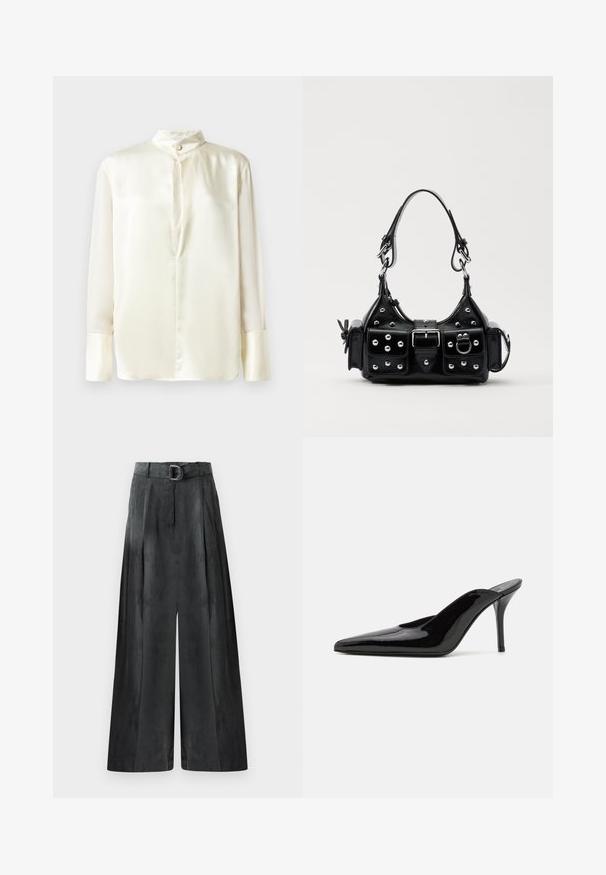 White silk blouse with long sleeves, stand collar, and a front button closure. Smooth texture and minimalist design without patterns.; Wide-leg trousers in dark gray, featuring a smooth texture, pleats, and a belt with a silver buckle at the high waist.; Black patent leather high-heeled mule with a pointed toe and a sleek silhouette, featuring an open back and a slender stiletto heel.; Black leather handbag with a curved design, featuring silver studs, a buckle, and two side pockets. Adjustable strap for carrying options.