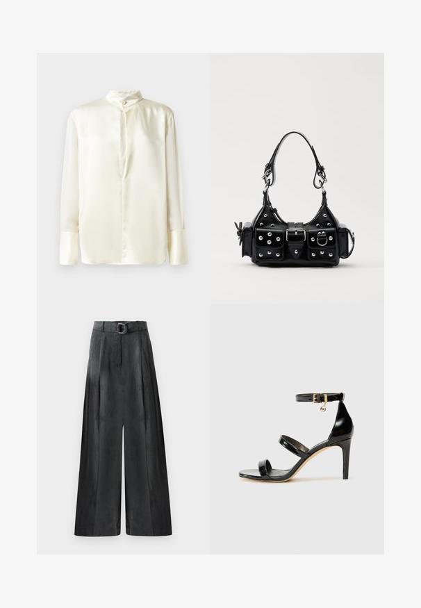 White silk blouse with long sleeves, stand collar, and a front button closure. Smooth texture and minimalist design without patterns.; Wide-leg trousers in dark gray, featuring a smooth texture, pleats, and a belt with a silver buckle at the high waist.; Black patent leather sandal with three straps, ankle buckle, and 4-inch stiletto heel. Features gold hardware detail and logo charm.; Black leather handbag with a curved design, featuring silver studs, a buckle, and two side pockets. Adjustable strap for carrying options.