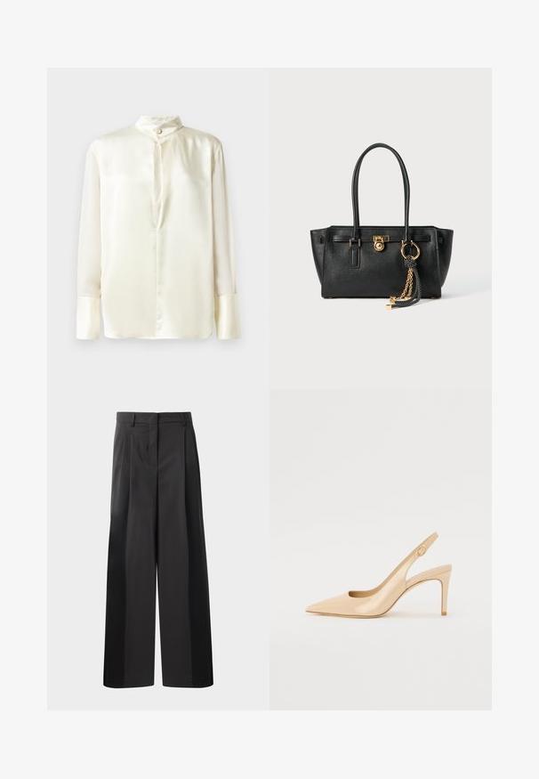 White silk blouse with long sleeves, stand collar, and a front button closure. Smooth texture and minimalist design without patterns.; Black wide-leg trousers with a high waist, featuring front pleats, a smooth texture, and a tailored finish. Designed for a relaxed fit.; Nude patent leather slingback heel with a pointed toe, open vamp, and a thin stiletto heel. Features a circular gold accent on the strap.; Black leather handbag with double handles, gold lock and chain detail, and black-and-white tassel accessory against white background.
