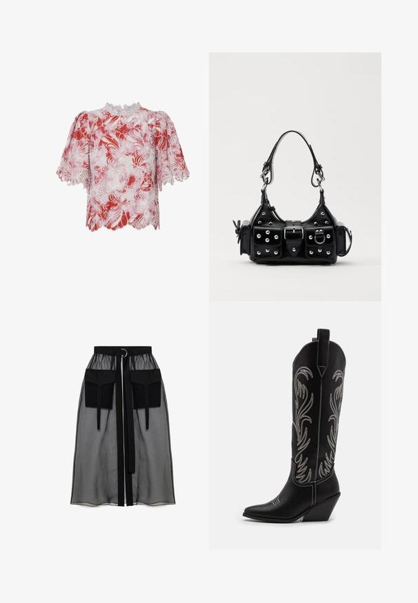 Red and white short-sleeved blouse featuring floral lace patterns, scalloped edges, and a high neck with intricate trim and cut-out details.; Black sheer skirt with a gathered waistband, featuring two large front pockets, a waist tie, and a circular metal accent.; Black leather cowboy boots with pointed toes, wedge heels, and silver embroidered floral patterns along the shaft. Contrast stitching throughout.; Black leather handbag with a curved design, featuring silver studs, a buckle, and two side pockets. Adjustable strap for carrying options.