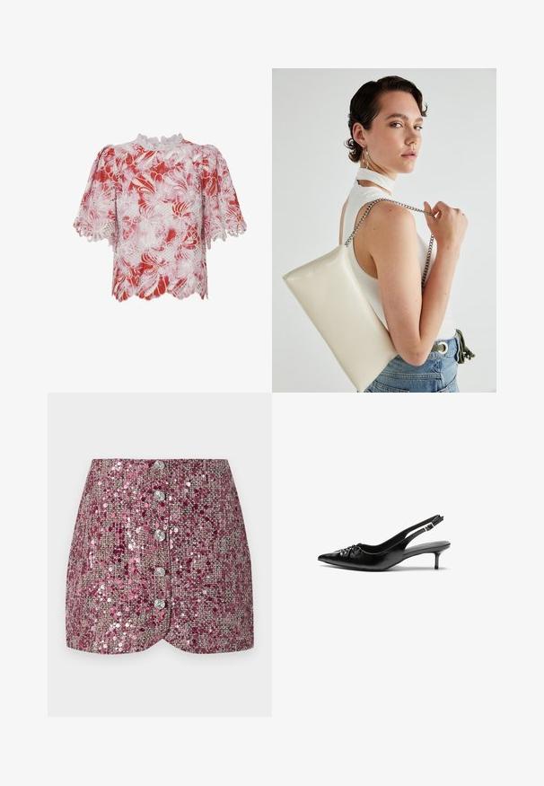 Rød og hvid kortærmet bluse med blomstret lace mønstre, bølgede kanter og høj hals med detaljeret trim og udskæringer.; Lyserød palietskørt med en struktureret vævning, der har et tætsiddende design og fem sølvknapper fortil. Formet kant og glitrende detaljer.; Sorte læderslippers med spidse tæer, lille kitten hæl og en dekorativ knude detalje foran. Glat tekstur hele vejen rundt.; Hvid rektangulær clutch-taske lavet af skinnende materiale, med en sølv kædetransport. Modellen poser, mens hun fremviser tasken mod en ensfarvet baggrund.