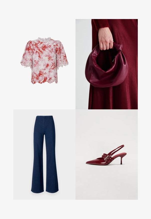 Blusa de manga curta vermelha e branca, com padrões de renda floral, bordas recortadas e um colarinho alto com detalhes intrincados e recortes.; Calças de ganga em azul escuro, com corte flare e uma cinturilla elástica. Apresentam uma textura suave e um design de perna larga que se estende até à bainha.; Sapatos de salto slingback em verniz vermelho, com bico fino, duas tiras com fivela e um salto stiletto fino de altura média. Textura suave.; Bolsa de couro bordô com um design suave e franzido, e uma forma arredondada. A alça é fixa, apresentando uma textura suave.