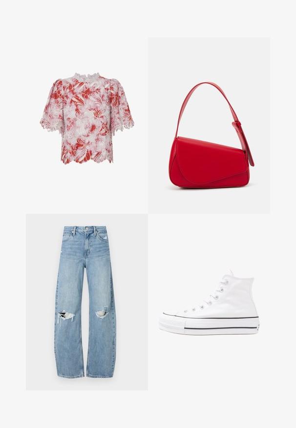 Červená a biela blúzka s krátkym rukávom, ktorá sa vyznačuje kvetinovými čipkovými vzormi, zúbkovými hranami a vysokým golierom so zložitým lemovaním a vystrihnutými detailmi.; Svetlomodré, vysoké džínsy vyrobené z denimu. Majú široké nohavice, dve roztrhnuté kolená a klasický päťvreckový strih.; Biele vysoké plátené tenisky s čiernou gumovou podošvou, prednou gumovou špičkou a šiestimi okami na šnúrky, s čistým, minimalistickým dizajnom.; Červená kožená kabelka s ostrým, geometrickým dizajnom. Má jeden nastaviteľný popruh a uzatváranie na klopu so šitím.