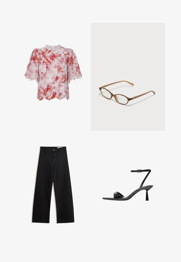 Piros és fehér rövid ujjú blúz virágmintás csipkével, fodros élekkel, valamint magas nyakkal, amelyet bonyolult díszítések és kivágott részletek ékesítenek.; Fekete, bő szabású farmernadrág magas derékkal, elülső és hátsó zsebekkel, varrott felületekkel és gombos záródással. Sima textúra.; Bershka Magas sarkú szandálok - black; Barna teknős páncélmintás szemüveg, ovális lencsékkel, vékony szárakkal és átlátszó részletekkel. A templomon diszkrét logó található. Elegáns, könnyű dizájn.
