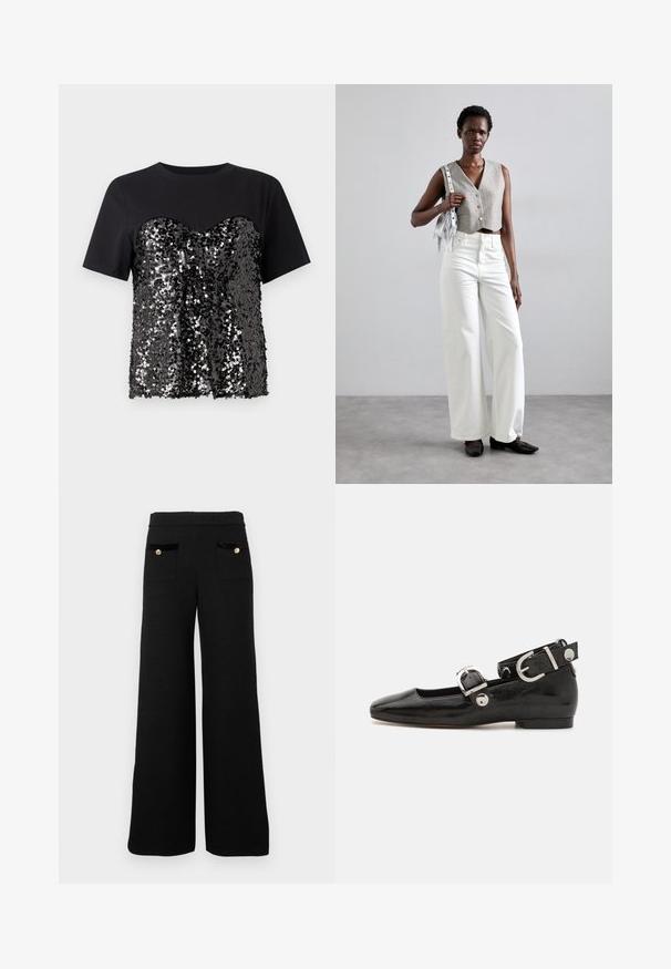 Fekete póló, szív alakú, flitterekkel díszített felső résszel. A felső rész sima, ellentétben az érdes alsó résszel.; Fekete, bő szárú nadrág texturált anyagból, amely két elülső zsebbel rendelkezik fekete bársonyos részletekkel és aranygombos díszítéssel.; Fekete lakkbőr lapos cipő négyzet alakú orral, ezüst hardware-rel ellátott bokapánttal és lapos talppal. Simaságával és minimalista dizájnjával kiemelkedő.; Szürke, gombos cropped mellény, fehér, széles szárú farmernadrággal és fekete lapossarkú cipővel párosítva. Kiegészítve egy kis ezüst francia táskával.