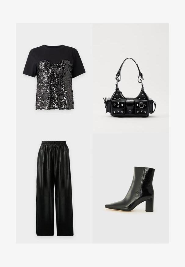 T-shirt nero con un corpetto decorato con paillettes a forma di cuore. La parte superiore è liscia, in contrasto con la parte inferiore testurizzata.; Pantaloni ampi in pelle nera con vita elastica, dotati di due tasche laterali e una texture liscia e lucida.; Stivale alla caviglia nero in pelle lucida con punta affusolata e tacco squadrato e corposo. Presenta una texture liscia e un design minimalista.; Borsa a mano in pelle nera con design curvo, caratterizzata da borchie argentate, una fibbia e due tasche laterali. Tracolla regolabile per diverse opzioni di trasporto.