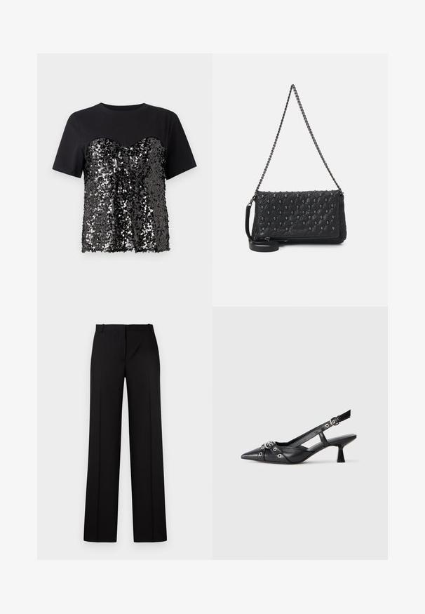 Fekete póló, szív alakú, flitterekkel díszített felső résszel. A felső rész sima, ellentétben az érdes alsó résszel.; Fekete, egyenes szárú tréningnadrág, sima textúrával, lapos derékkal és látható fém vagy díszítés nélküli kivitelben.; Fekete bőr slingback cipő hegyes orral, dekoratív pántokkal, fém szemekkel és alacsony blokk sarkú. Texturált felület.; Fekete steppelt bőrtáska lánc pánttal, koponya díszítéssel és cipzáros záródással. Texturált felület, fényes befejezéssel.