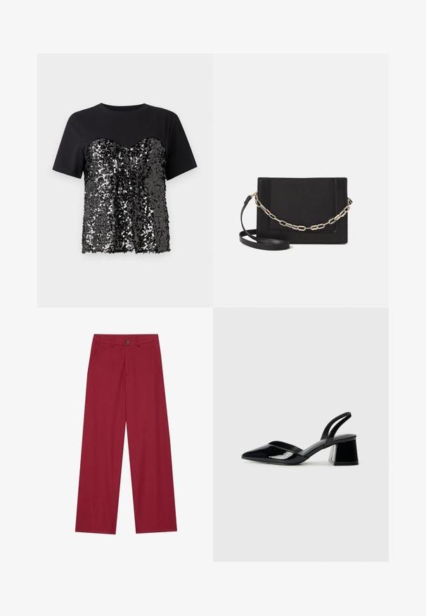Fekete póló, szív alakú, flitterekkel díszített felső résszel. A felső rész sima, ellentétben az érdes alsó résszel.; Széles lábú nadrág sima, textúrált anyagból, mélyvörös színben. Elöl zsebekkel és egydarabos gombos záródással a derékon.; Fekete lakk bőr szandálkés magas sarkú cipő, hegyes orral és geometrikus tömbsarkakkal. Karcsú, minimalista dizájn és sima textúra jellemzi.; Fekete bőr keresztpántos táska, sima textúrával, téglalap alakú és fém lánc részlettel az elején. Állítható pánttal ellátva.