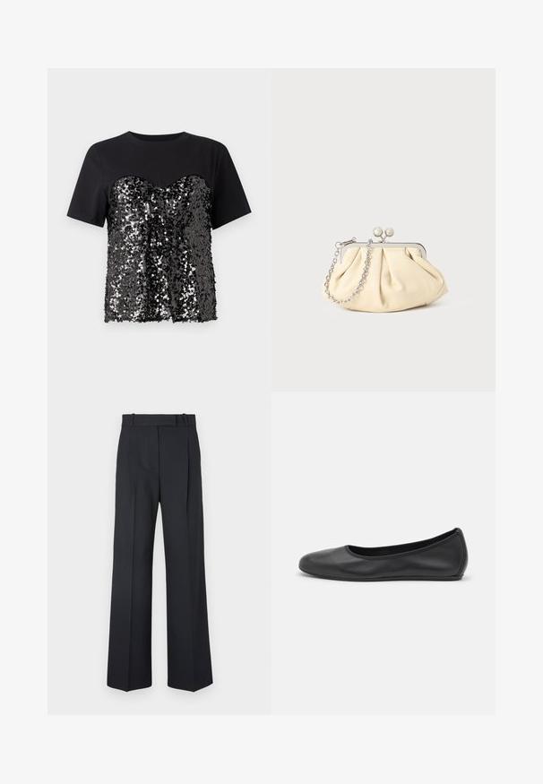 Melnā T-krekla ar sekvīnu rotājumiem uz krūšdaļas, veidojot sirds formu. Augšējā daļa ir gluda, pretstatā faktūrētajai apakšējai pusei.; Tumši zili svītraini bikses ar augstu jostu, platu kāju dizainu un bez redzamiem aksesuāriem vai rotājumiem. Gluda tekstūra un pielāgota forma.; Melna ādas baleta kurpe ar noapaļotu purngalu, gludu tekstūru, minimālu šuvju detalizāciju un elastīgu zoles dizainu.; Rūpīgi pleatota bežīga ādas somiņa ar sudraba metāla rāmi, kurai ir divas apaļas dekoratīvas sprādzes un sudraba ķēdes siksna.