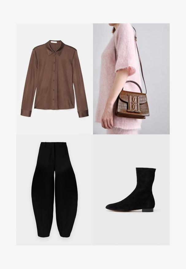 Ruda ilga rankovė marškiniai su klasikiniu apykakle, mygtukų uždarymu ir glotnia medžiaga, turinčia šiek tiek blizgesio. Rankogaliai taip pat rudos spalvos ir pritaikyti.; Juodos platesnės kelnes su aukštu liemeniu, raukšlėtu priekiu ir siaurėjančiais kulkšniais. Pagamintos iš lygios medžiagos su matinėmis savybėmis.; Juoda zomšo kulkšnė su prigludusia ašimi, smailiu pirštu ir žemu bloku. Lygus paviršius ir minimalistiškas dizainas, tinkantis įvairiems stiliams.; Rudas krokodilo raštas rankinė su viršutine rankena ir pečių diržu. Išsiskiria ryškiu logotipu priekyje. Minkšta tekstūra.