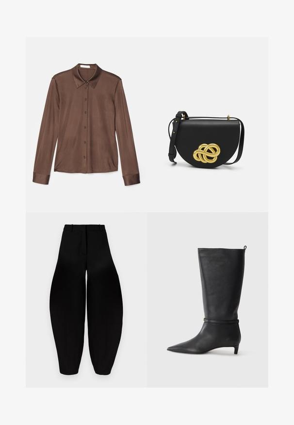 Bruine lange mouwen shirt met een klassieke kraag, knopen sluiting en een gladde stof met een lichte glans. De manchetten zijn ook bruin en op maat gemaakt.; Zwarte wijde broek met hoge taille, geplooide voorkant en taps toelopende enkels. Gemaakt van een gladde stof met een matte afwerking.; Zwarte leren kniehoog laars met een spitse neus, accentueert door een ronde band rond de enkel en een lage, taps toelopende hak. Glad textuur.; Zwarte leren handtas met een ronde vorm, voorzien van een grote gouden decoratieve knoop aan de voorkant en een verstelbare schouderband.