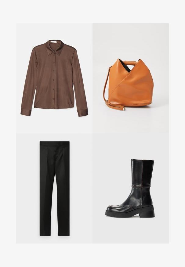 Camicia marrone a maniche lunghe con colletto classico, chiusura a bottoni e tessuto liscio con una leggera lucentezza. I polsini sono anch'essi marroni e sagomati.; Pantaloni neri realizzati in un tessuto morbido, design su misura, gambe dritte e una vita piatta senza chiusure o tasche visibili.; Stivale alla caviglia in pelle nera con tacco a blocco, che presenta cuciture a contrasto e un design della punta curvato. Texture liscia, silhouette elegante.; Borsa a mano in pelle color tan con design unico a pieghe triangolari, manico superiore e tracolla removibile su sfondo bianco.