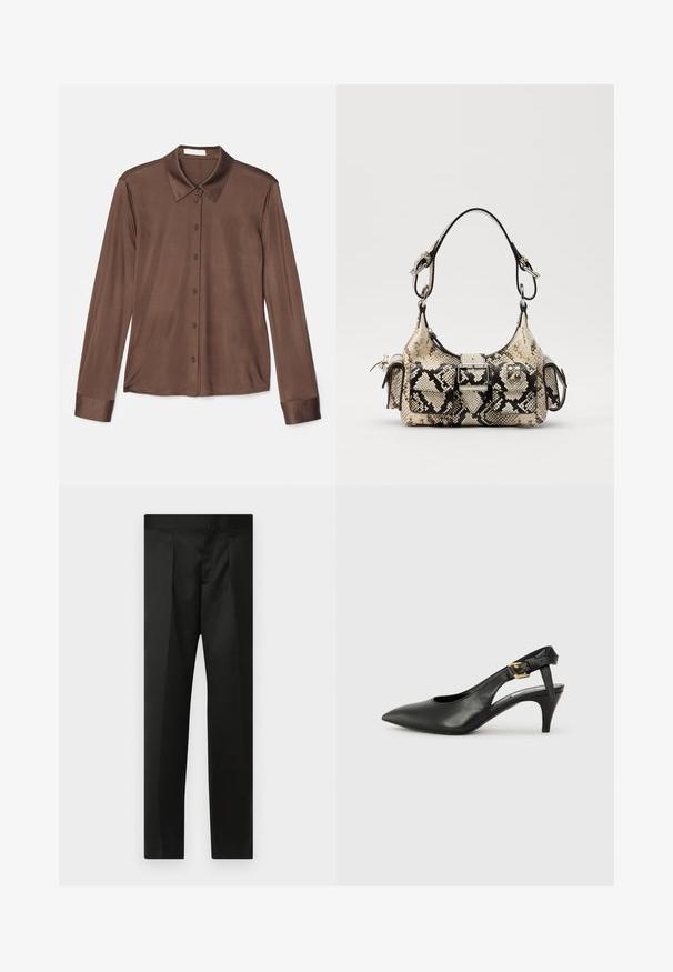 Braunes Langarmhemd mit klassischem Kragen, Knopfleiste und glattem Stoff mit leichtem Glanz. Auch die Manschetten sind braun und tailliert.; Schwarze Hose aus glattem Stoff, maßgeschneidertem Design, mit geraden Beinen und einem flachen Bund ohne sichtbare Verschlüsse oder Taschen.; Schwarze Leder Slingback-Pumpe mit spitzem Absatz, kleinem Absatz und einer Schnalle am Knöchelriemen. Glatte Textur, minimalistisches Design.; Python-Handtasche in Beige und Schwarz, mit strukturiertem Design, Schnallen-Details und doppelten Schulterträgern. Texturierte Oberfläche.