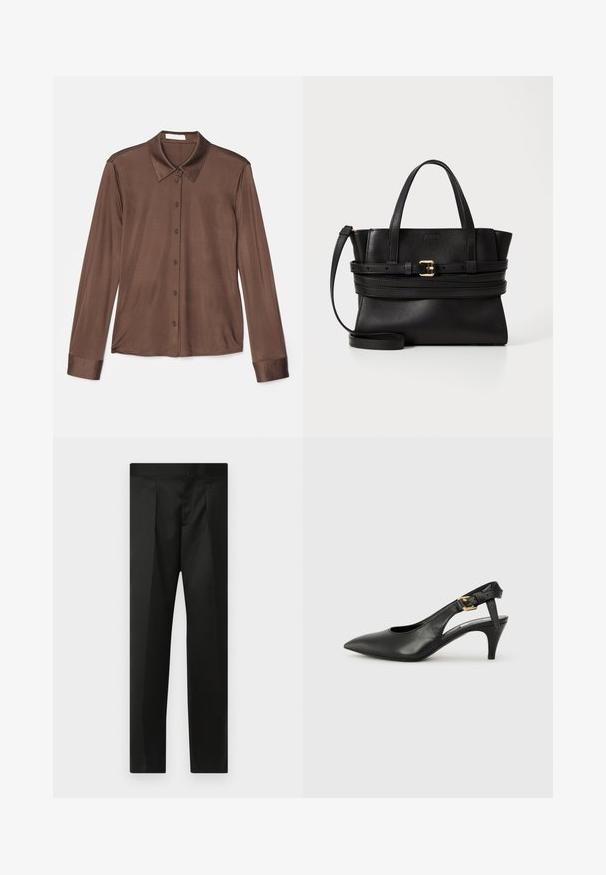 Ruskea pitkähihaine paita, jossa on klassinen kaulus, nappikiinnitys ja sileä kangas, jossa on kevyt kiilto. Hihansuut ovat myös ruskeat ja muotoillut.; Mustat housut, joissa on sileä kangas, räätälöity muotoilu, suorat lahkeet sekä litteä vyötärö ilman näkyviä kiinnityksiä tai taskuja.; Musta nahka slingback-korkokenkä, jossa on teräväkärkinen muoto, pieni korko ja solk yksityiskohta nilkkahihnassa. Tasainen pinta, minimalistinen muotoilu.; Musta nahkakäsilaukku, jossa on jämäkkä muotoilu, kaksinkertaiset yläkahvat, irrotettava hihna ja kultainen solki vaakasuoralla nauhassa.