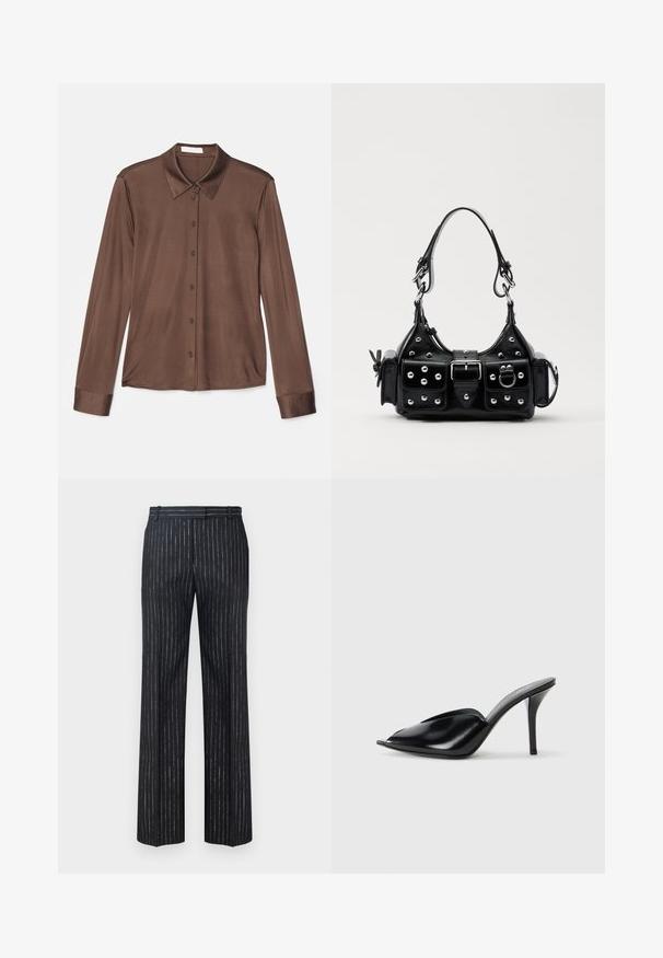 Brązowa koszula z długim rękawem z klasycznym kołnierzykiem, z zapięciem na guziki oraz gładkim materiałem o delikatnym połysku. Mankiety również są brązowe i dopasowane.; Ciemne spodnie w paski o szerokim kroju, wykonane z fakturowanej tkaniny z pionowymi srebrnymi prążkami. Gładki przód i szlufki na pasek.; Czarne skórzane mule na wysokim obcasie z odkrytym palcem, w szpiczastym designie, gładkiej teksturze i smukłym obcasie szpilce.; Czarna skórzana torebka w zakrzywionym kształcie, z srebrnymi ćwiekami, klamrą i dwoma bocznymi kieszeniami. Regulowany pasek umożliwiający różne opcje noszenia.