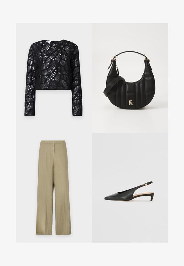 Schwarzes, langärmliges Crop-Top mit einem transparenten, strukturierten Design, das geschichtete, gewellte Muster und einen runden Halsausschnitt aufweist.; Hellgrüne, hosen mit weitem Bein aus Leinen. Mit hoher Taille und schlichter Vorderseite mit einer einzelnen Falte.; Schwarze Leder Slingback-Pumps mit spitzer Zehe, niedrigem Absatz und verstellbarem Knöchelriemen mit einer goldfarbenen Schnalle. Glatte Textur.; Schwarze Lederhandtasche mit geschwungener Form, gequilteter Textur und goldenen Beschlägen. Sie verfügt über einen abnehmbaren Schultergurt und ein Logodetail.