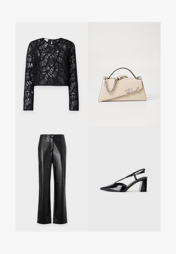 Schwarzes, langärmliges Crop-Top mit einem transparenten, strukturierten Design, das geschichtete, gewellte Muster und einen runden Halsausschnitt aufweist.; Schwarze Lederhosen mit geradem Bein, ausgestattet mit einem vorderen Knopfverschluss, Gürtelschlaufen und einer glatten, polierten Oberfläche.; Schwarze lackleder Slingback-High-Heels mit spitz zulaufender Zehenpartie, verstellbarem Riemen und klobigem rechteckigem Absatz.; Beige Leder-Handtasche mit einer strukturierten, dreieckigen Form, ausgestattet mit einem silbernen Kettenhenkel und einem geschwungenen Logo aus Metall.