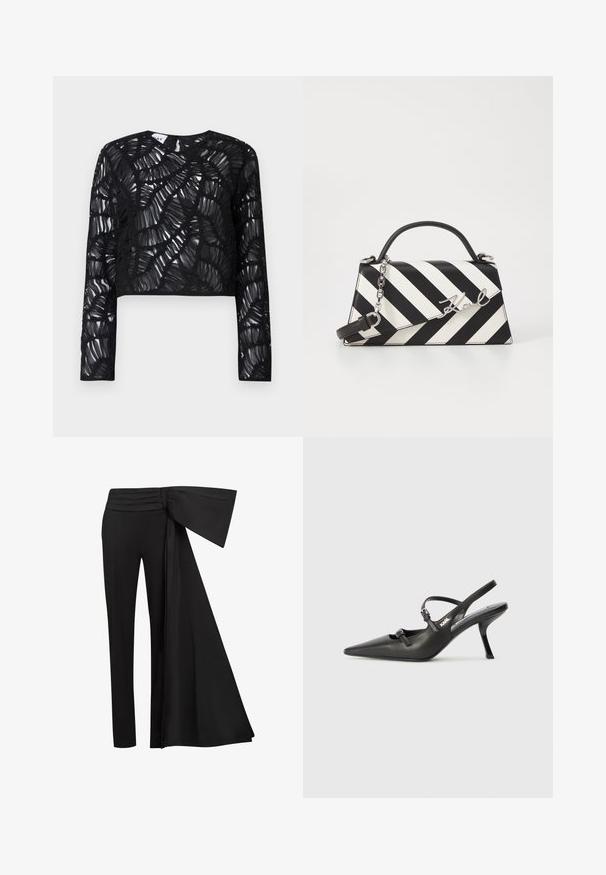 Fekete, hosszú ujjú crop top, áttetsző, strukturált mintázattal, réteges, hullámos mintákkal és kerek nyakkivágással.; Fekete nadrág, széles, drapált övvel a deréknál. Simaságú anyag, egyenes lábszár, és pliszírozott derékbőség.; Fekete bőrszíjjal ellátott magassarkú cipő, hegyes orral, karcsú sarkával és díszes csattal a vamp részén. Simás textúra és elegáns dizájn.; Fekete-fehér csíkos kézitáska, strukturált formával, felső fogantyúval, leválasztható lánc pánttal és fémes logóval.