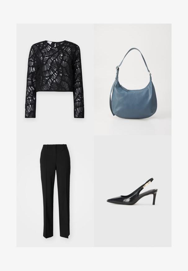 Čierny, dlhý rukáv, crop top s priehľadným, textúrovaným dizajnom, ktorý obsahuje vrstvené, vlnité vzory a okrúhly výstrih.; Čierne krajčírské nohavice so strihom rovného nohu, s hladkou textúrou a ostrými skladmi pozdĺž prednej časti. Žiadne viditeľné hardvér.; Čierna kožená lodička na podpätku so špicatou špičkou, hladkou textúrou a úzkym remienkom okolo členka s zlatými akcentmi.; Modrá kožená kabelka s oblým tvarom, jedným ramenným popruhom, zipsovým uzatváraním a embosovaným názvom značky na prednej strane. Hladká textura.